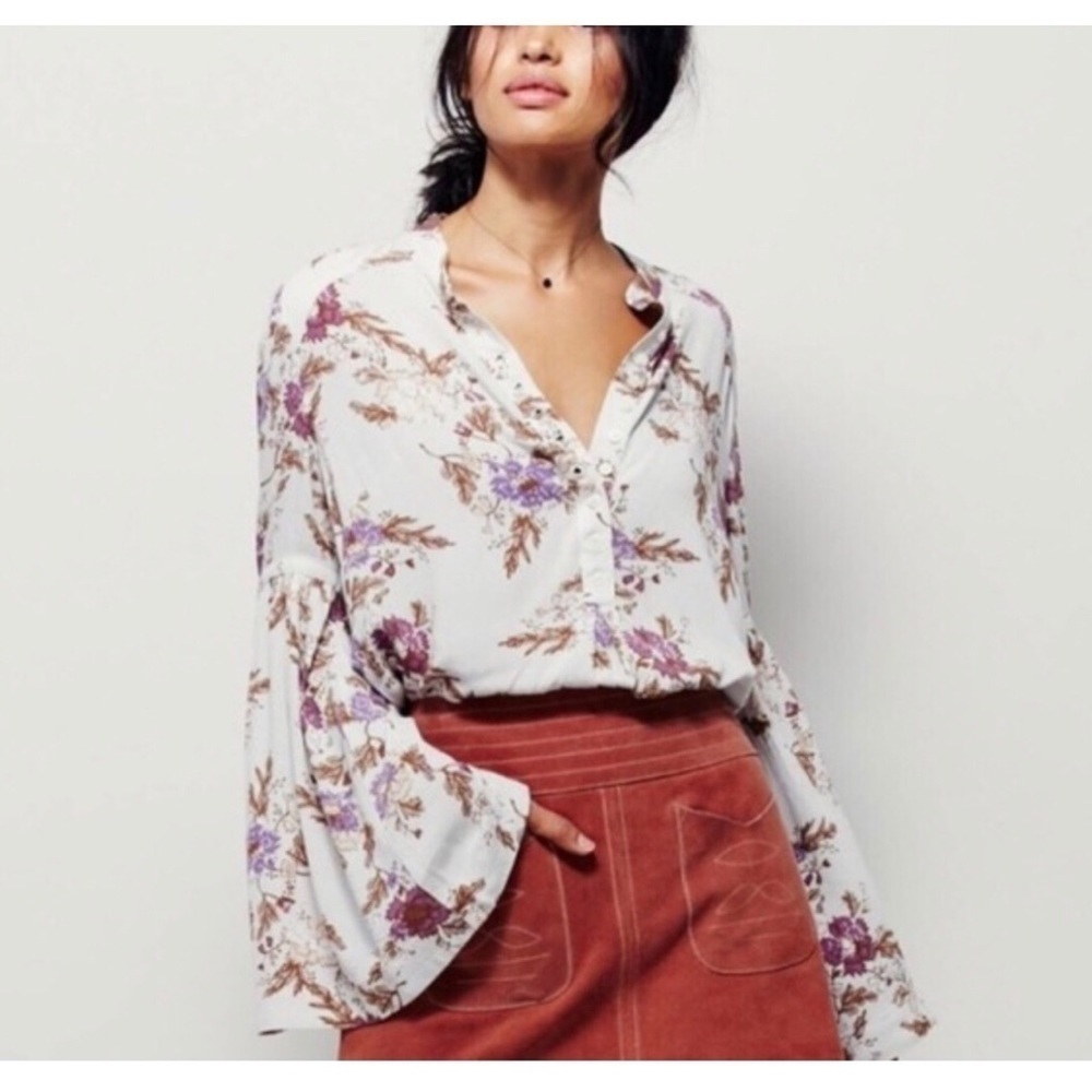 Free People White Floral Button-Front Tunic with Purple and Brown Accents
